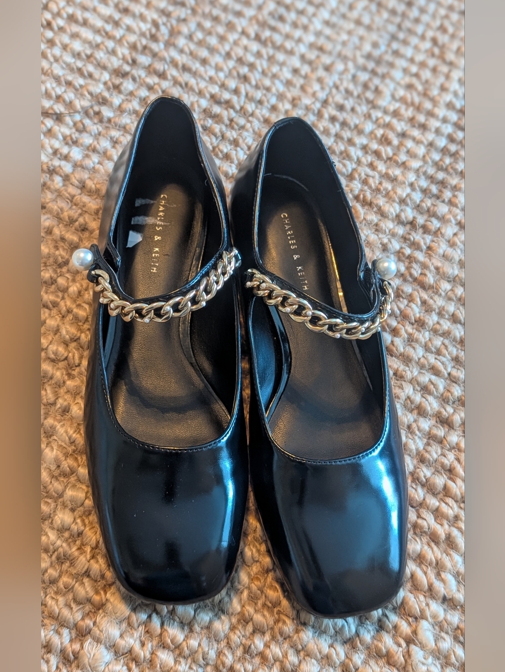 Charles & Keith Black Patent Mary Jane Flats with Gold Chain & Pearl
